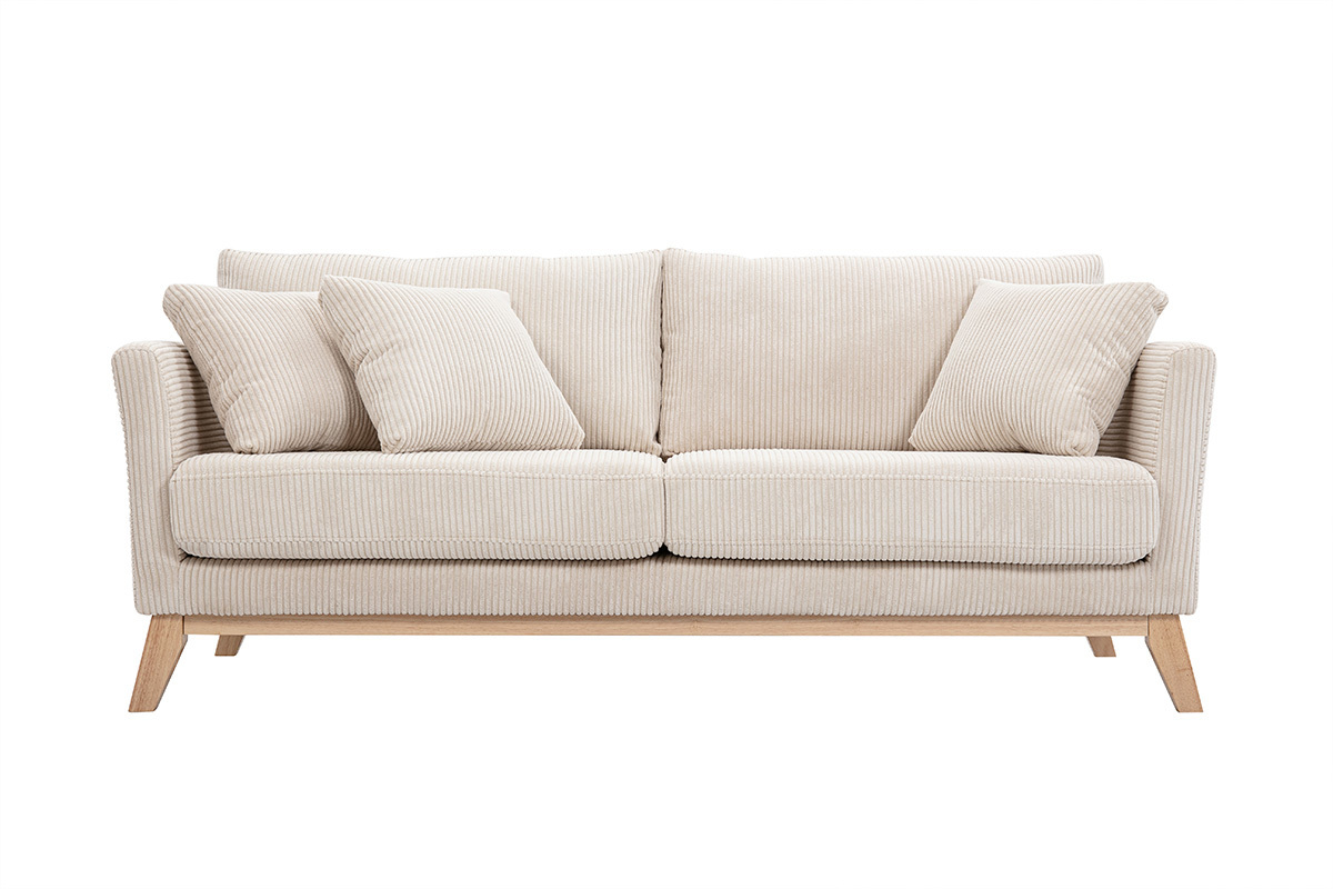 Sof nrdico 3 plazas desenfundable de terciopelo acanalado beige y patas madera OSLO