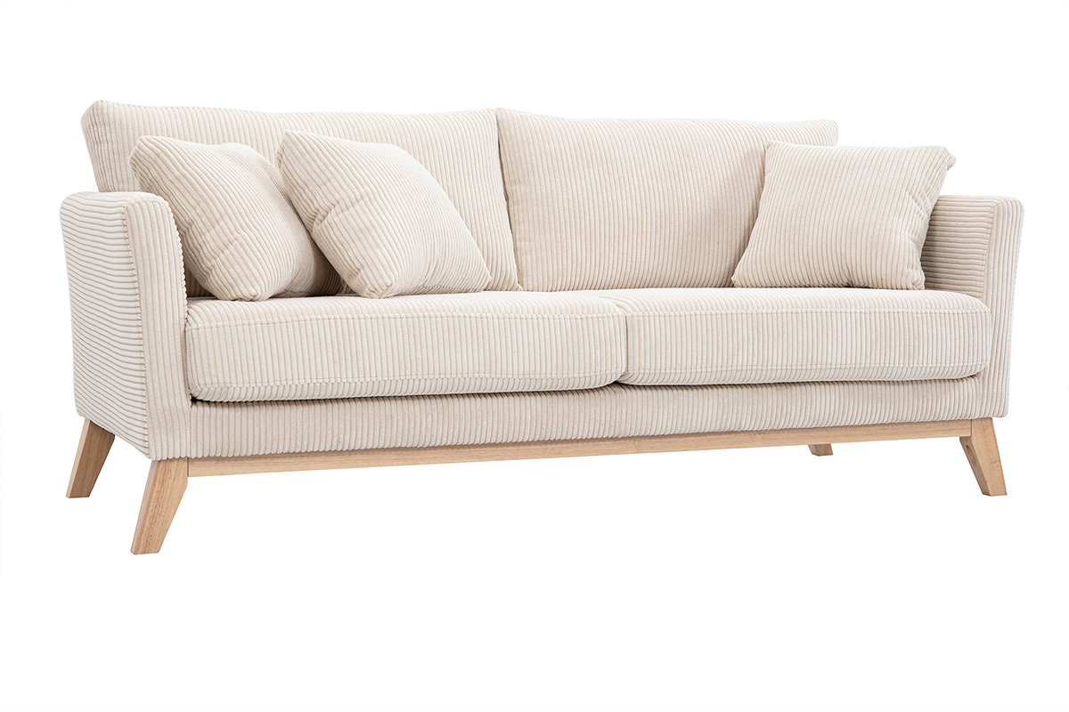 Sof nrdico 3 plazas desenfundable de terciopelo acanalado beige y patas madera OSLO