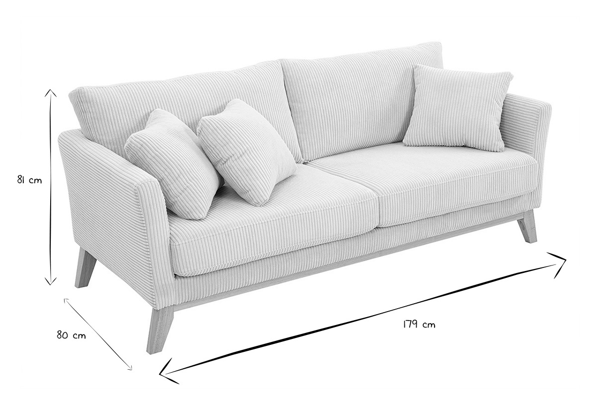 Sof nrdico 3 plazas desenfundable de terciopelo acanalado beige y patas madera OSLO