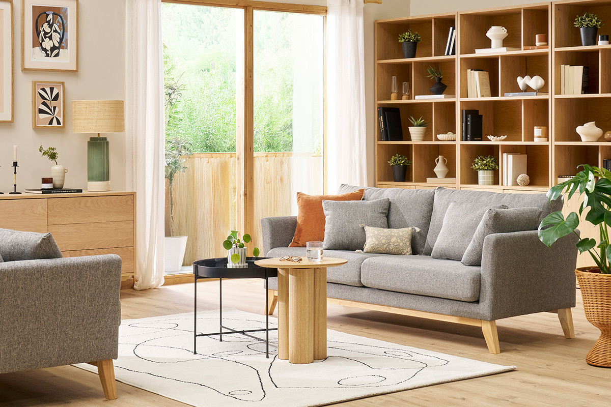 Sof nrdico 3 plazas gris claro desenfundable patas madera OSLO
