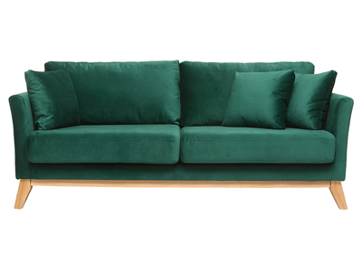 Sof&aacute; n&oacute;rdico 3 plazas terciopelo verde patas madera OSLO