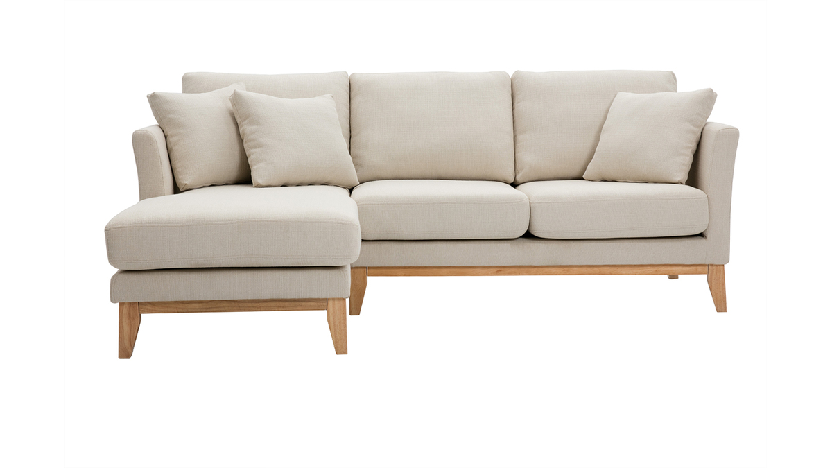 Sof nrdico con chaise longue a la izquierda en tela beige desenfundable con madera clara 3-4 plazas OSLO