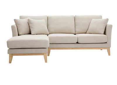 Sofá nórdico con chaise longue a la izquierda en tela beige desenfundable con madera clara 3-4 plazas OSLO