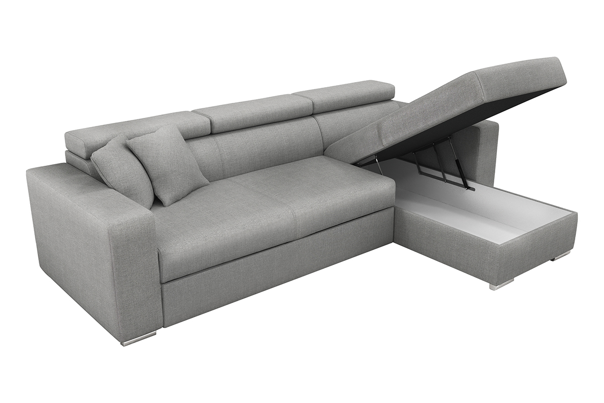 Sof rinconera gris convertible 3 plazas con reposa cabezas ajustables y cofre LEONE
