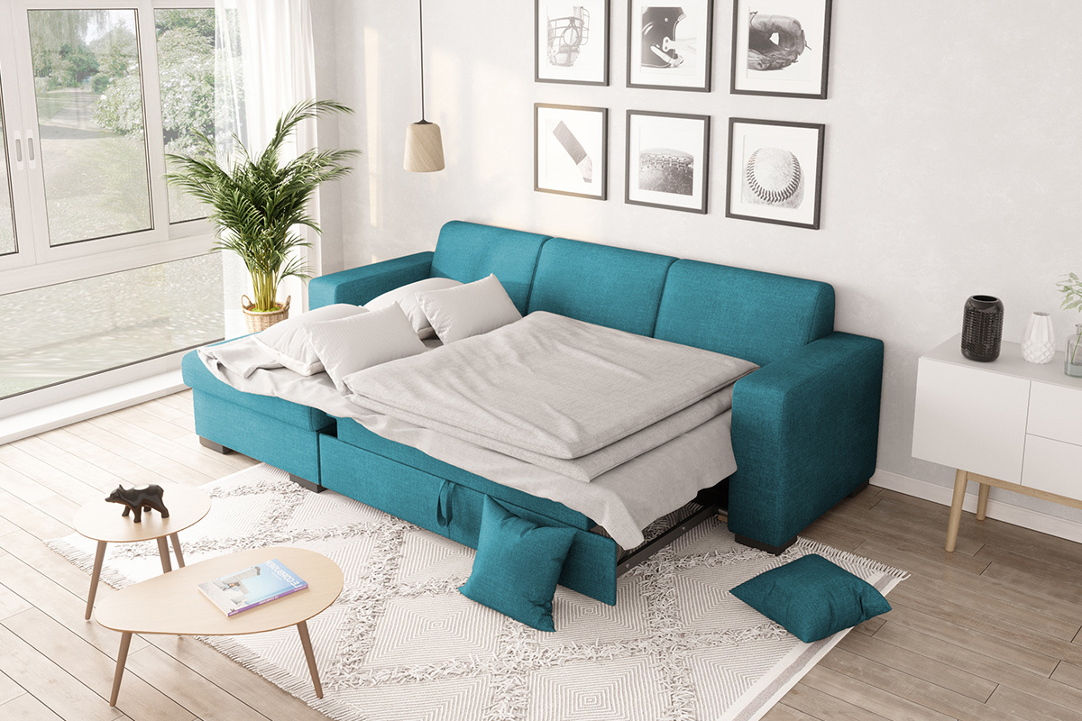 Sof rinconera izquierda convertible con almacenaje azul petrleo PERRY