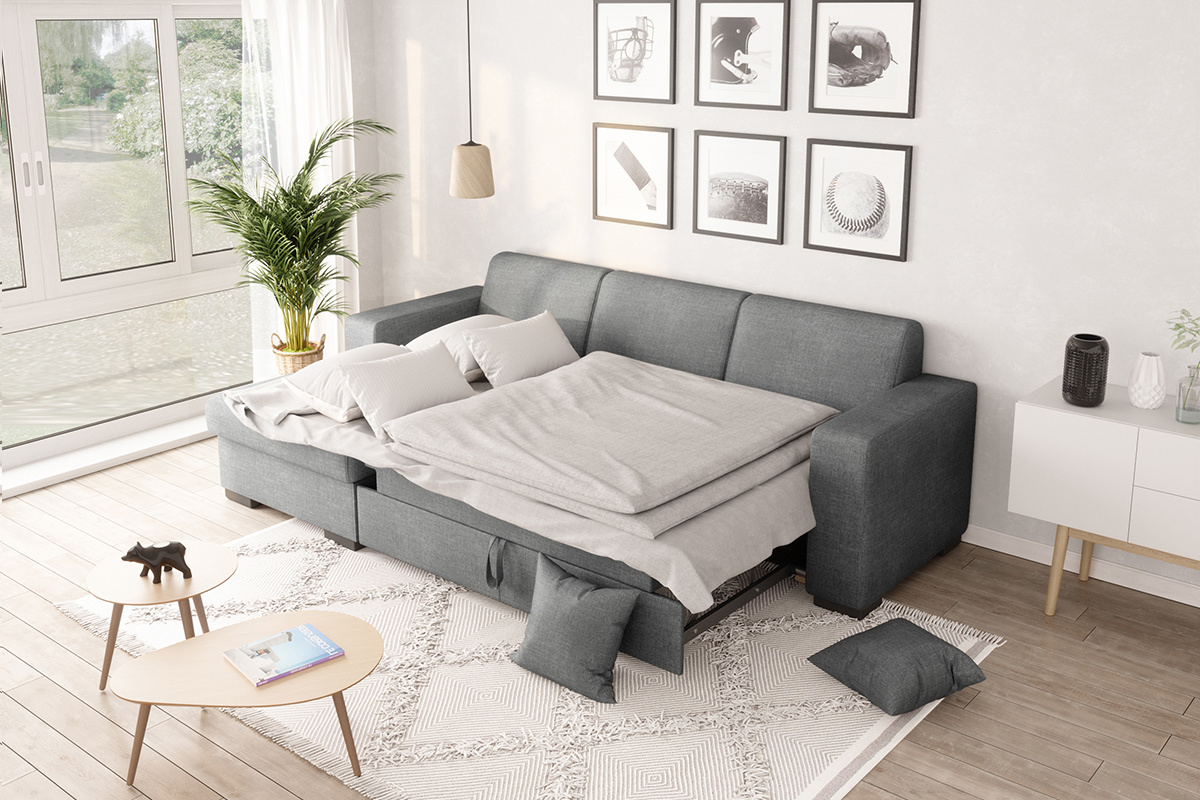 Sof rinconera izquierda convertible con almacenaje gris PERRY