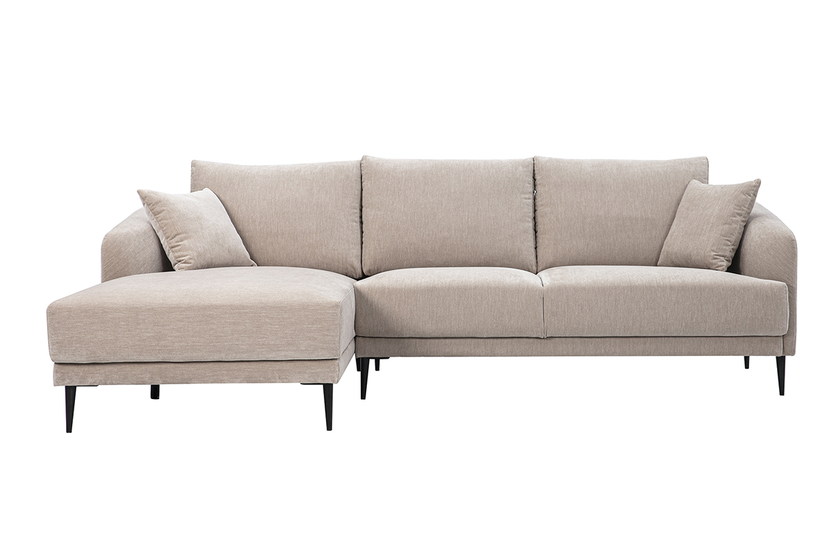 Sof� de esquina izquierdo de 3 plazas en tejido efecto terciopelo topo con chaise longue, vista frontal.
