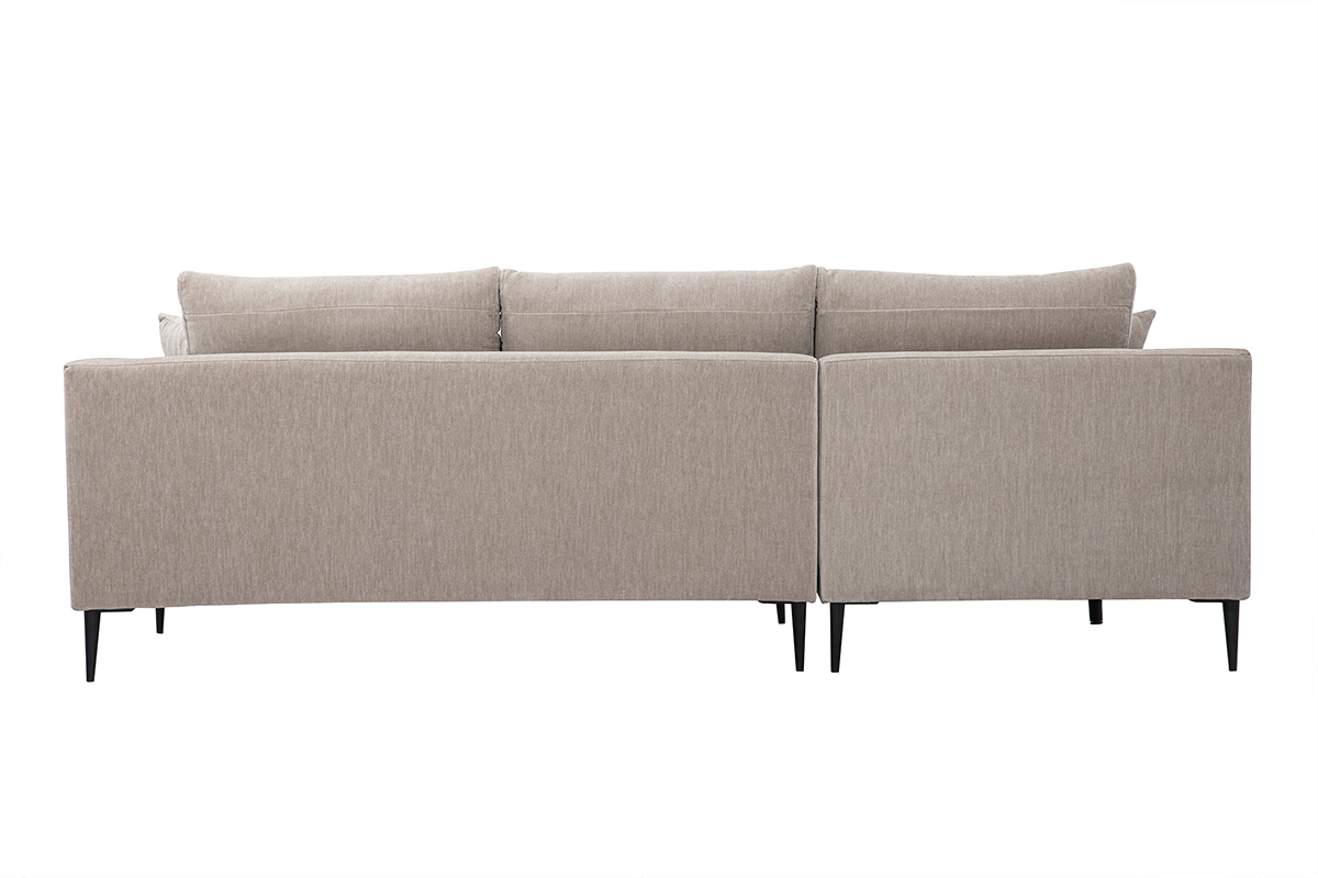 Canap� d'angle gauche 3 places en tissu taupe avec coussins, vue de dos, sur pieds m�talliques noirs.
