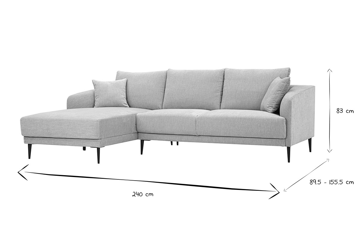 Dimensiones del sof� de esquina izquierdo JERRY, L240 x P89,5-155,5 x H83 cm, en blanco y negro.