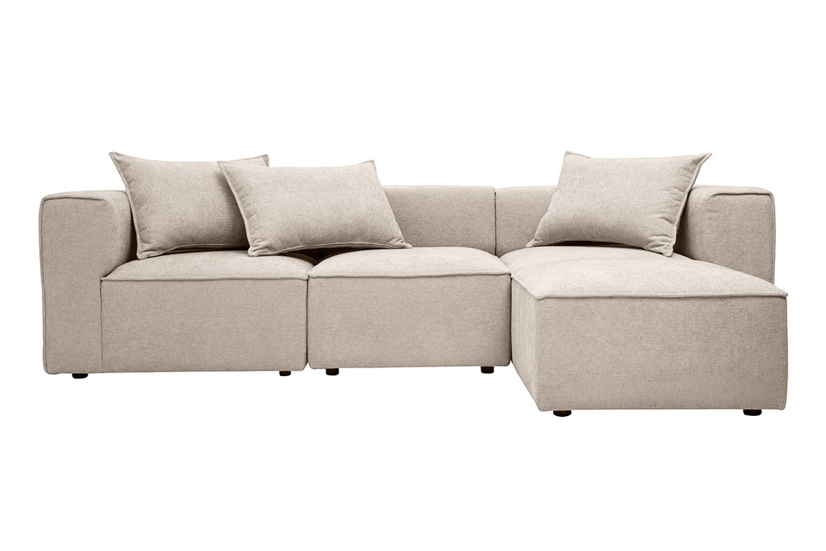 Canap� modular de esquina de 4 plazas en tejido beige con cojines, vista frontal.