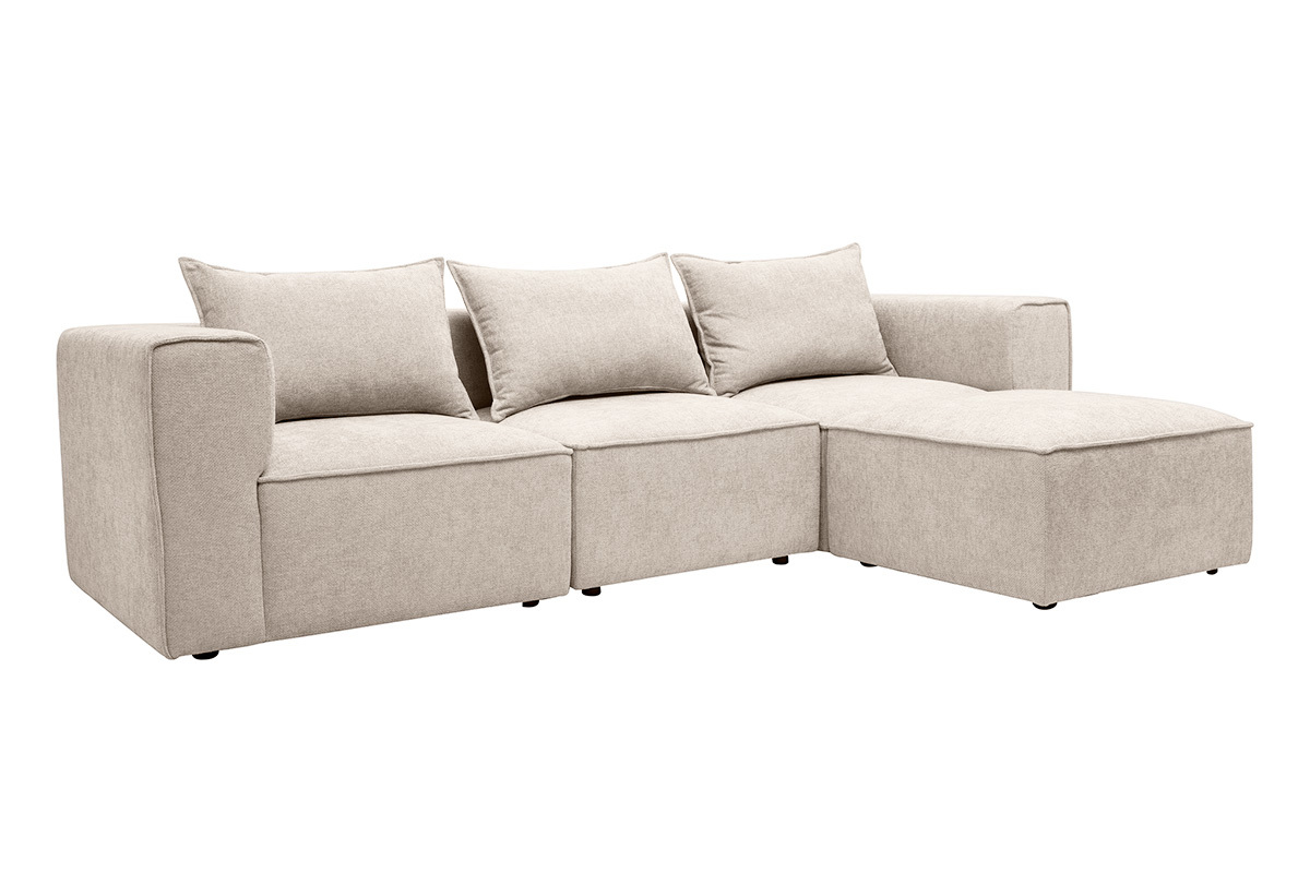 Sof� de esquina modular de 4 plazas beige en tejido con efecto terciopelo, vista en 3/4