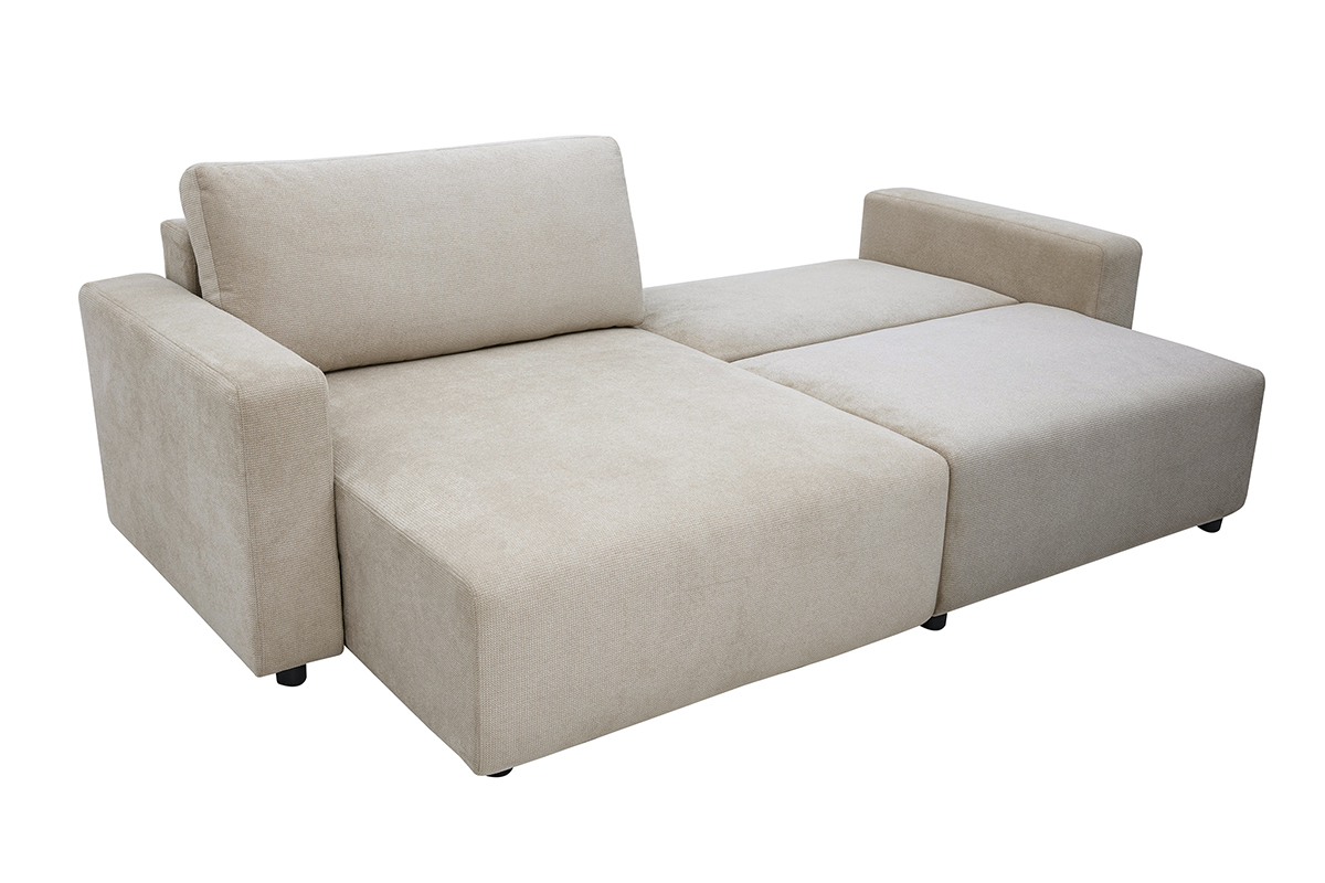 Canap� rinconero convertible reversible beige de tejido chenilla, vista de 3/4, dise�o contempor�neo.