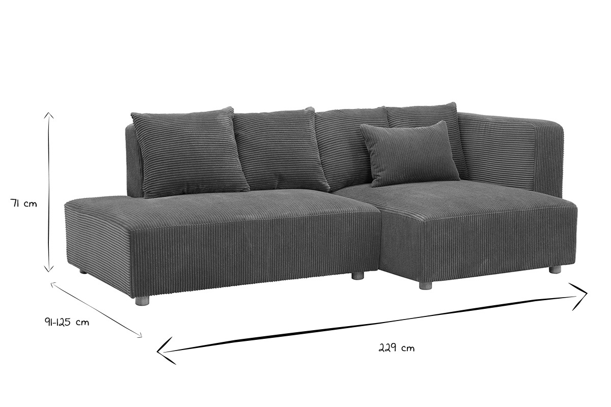 Dimensiones del sof� de esquina derecho de 3 plazas en blanco y negro, L229 x P91-125 x H71 cm.