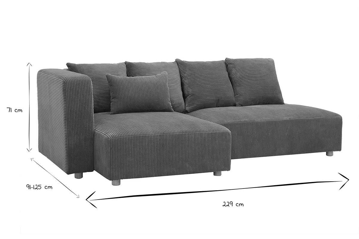 Dimensiones del sof� de esquina izquierdo de 3 plazas: L229 x P91-125 cm, H71 cm en negro y blanco.