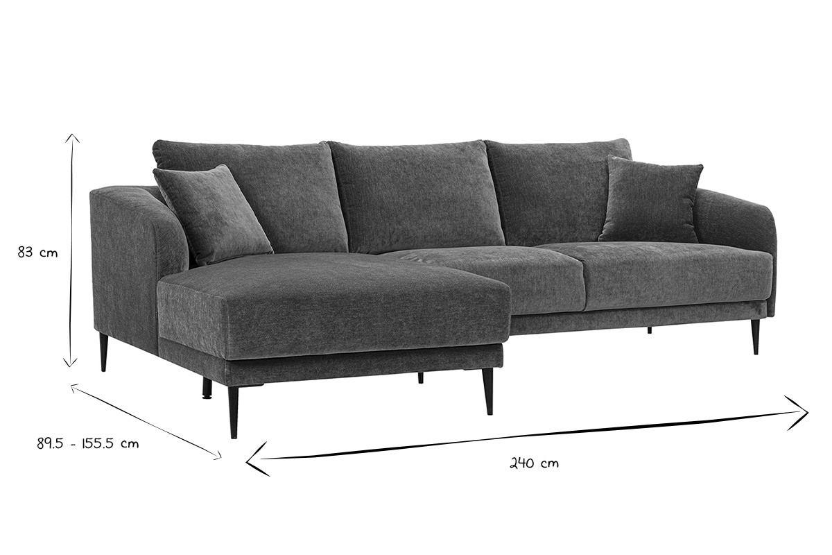 Dimensiones del sof� de esquina izquierdo JERRY en blanco y negro, L240 x P89,5-155,5 x H83 cm.
