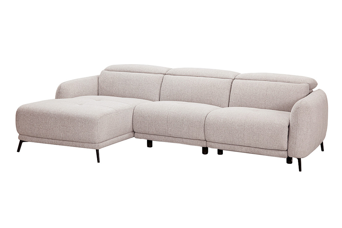 Sof� rinconera izquierdo el�ctrico beige de 3-4 plazas con reposacabezas ajustables, vista en 3/4