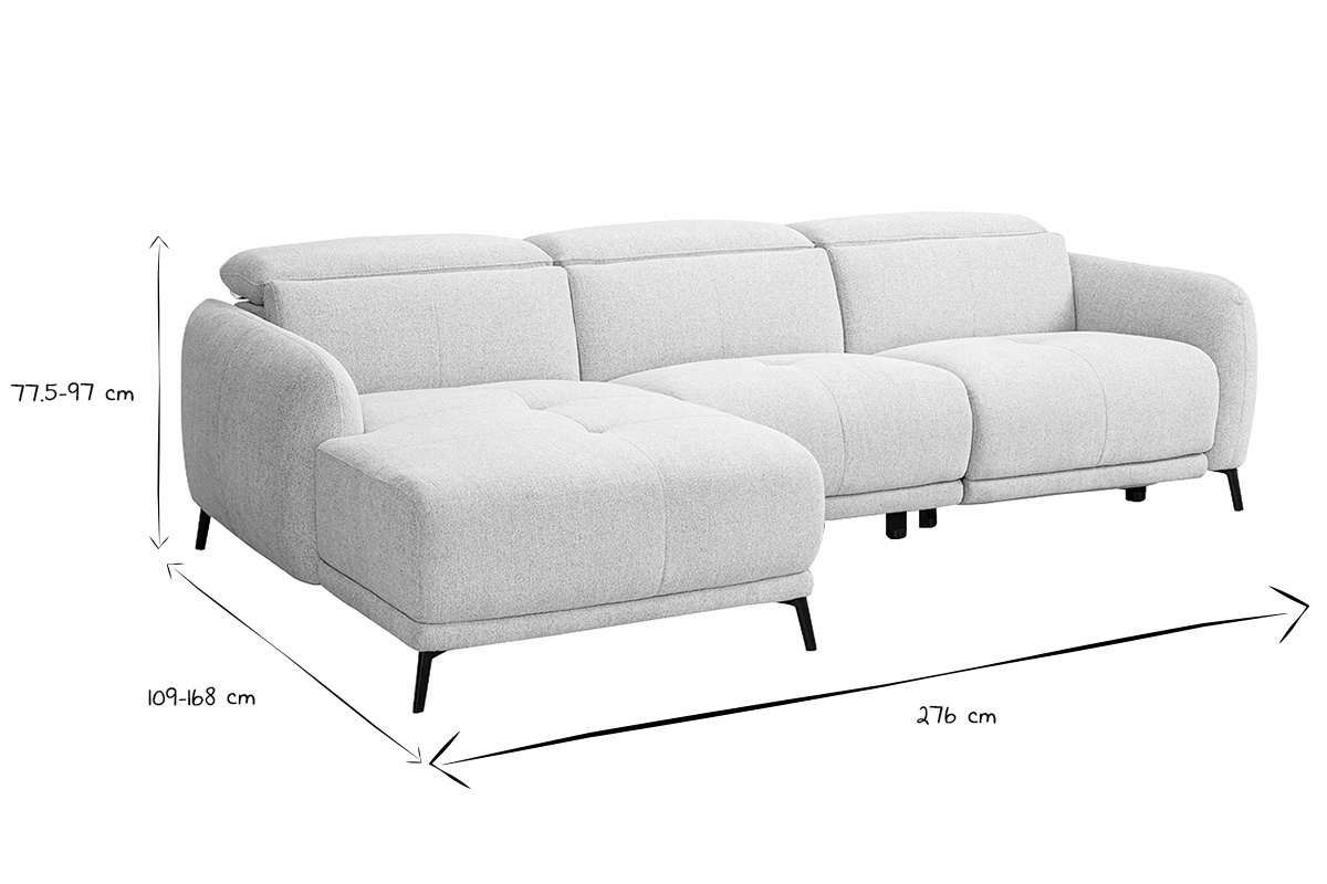 Dimensiones del sof� de esquina el�ctrico en blanco y negro, 276 cm de largo, 77,5-97 cm de alto, 109-168 cm de profundidad.