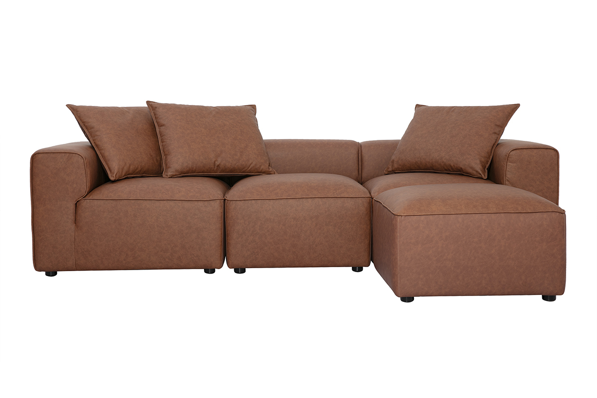 Canap� esquinero modular de 4 plazas en cuero marr�n, vista frontal con cojines.