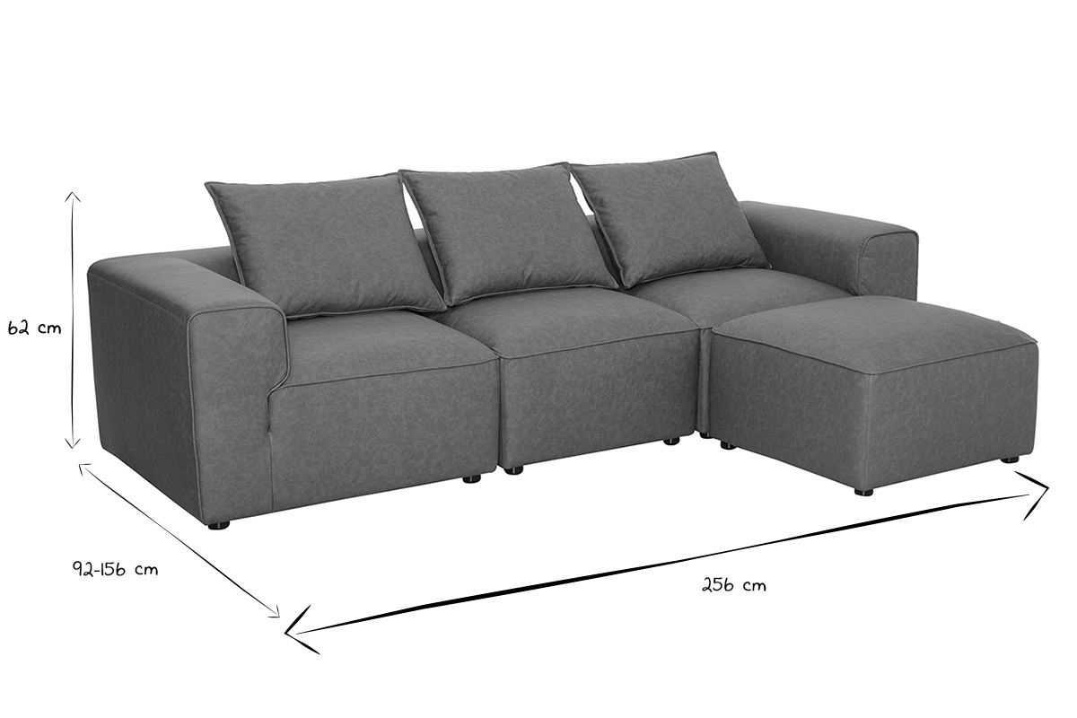 Dimensiones del sof� esquinero modular de 4 plazas en blanco y negro, 256 cm x 92-156 cm x 62 cm.