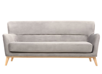 Sof&aacute; vintage 3 plazas gris terciopelo patas en madera MARKUS