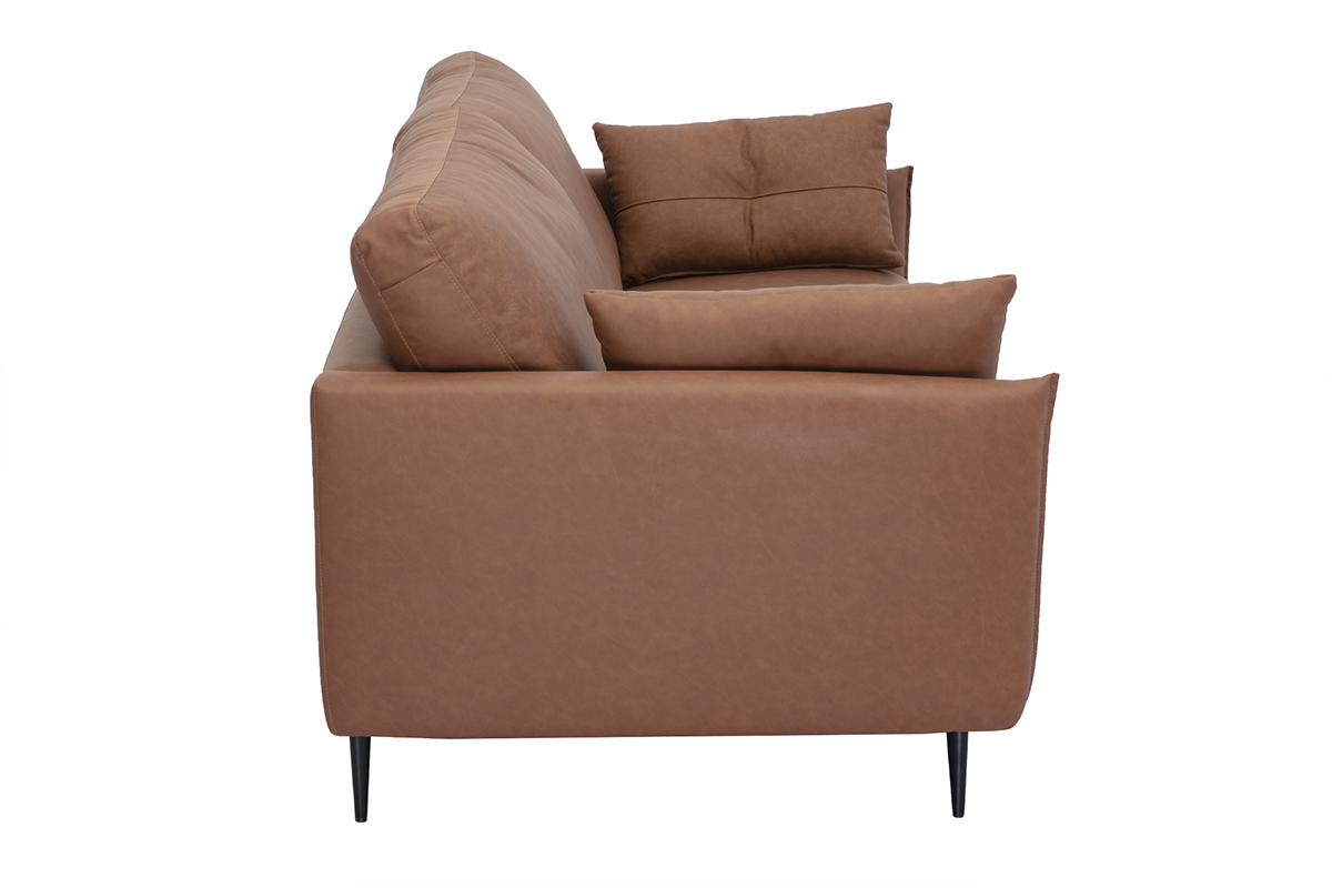 Sof vintage de 3 plazas de cuero marrn y madera oscura DAVEN