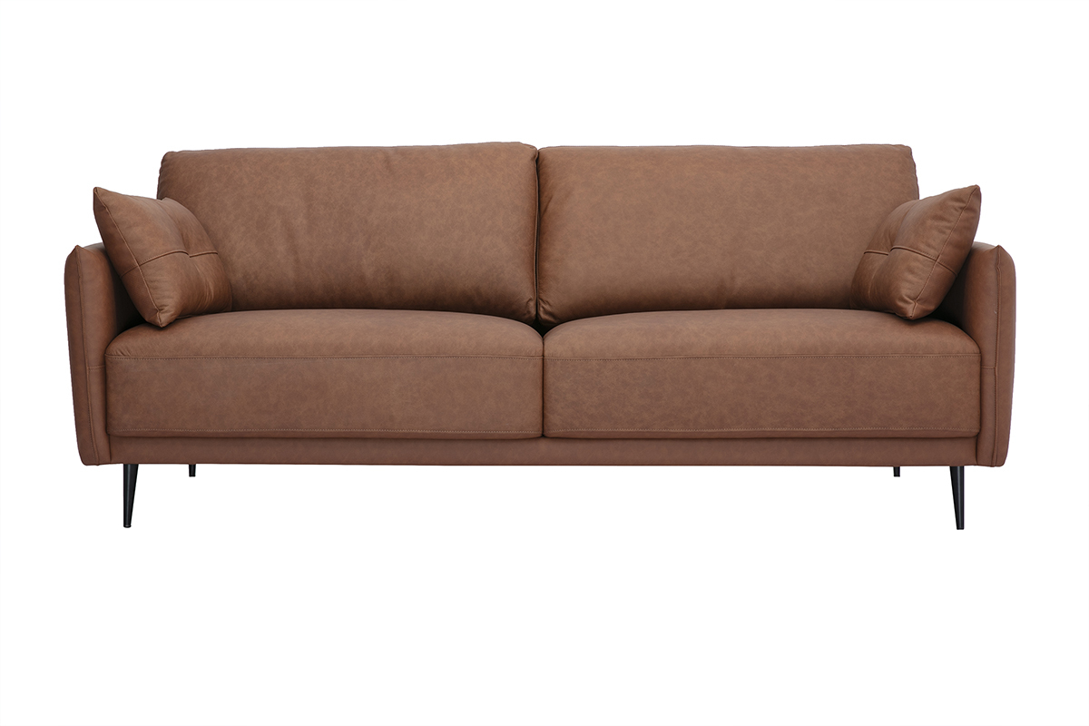 Sof vintage de 3 plazas de cuero marrn y madera oscura DAVEN