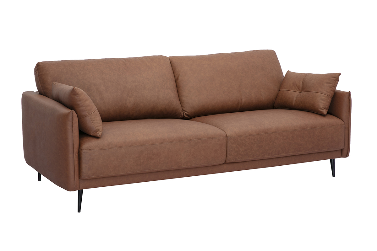 Sof vintage de 3 plazas de cuero marrn y madera oscura DAVEN