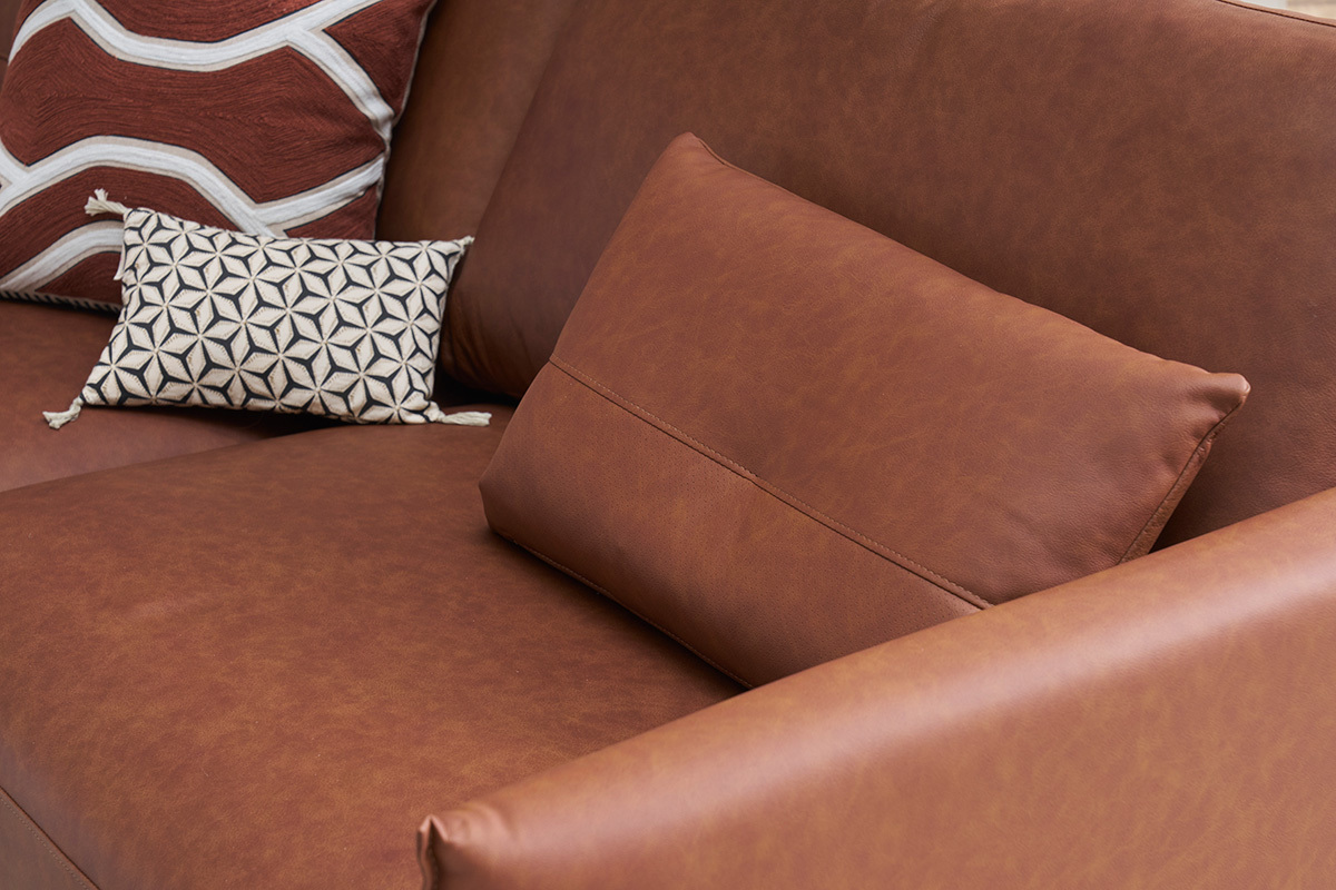 Sof� vintage de 3 plazas de cuero marr�n y madera oscura DAVEN