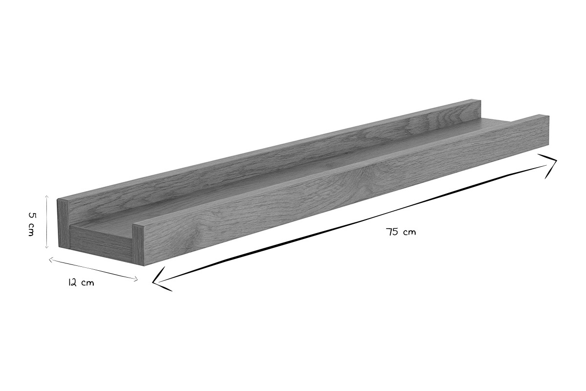 Soporte de pared de madera clara 75x12x5 cm, dimensiones en negro y blanco.