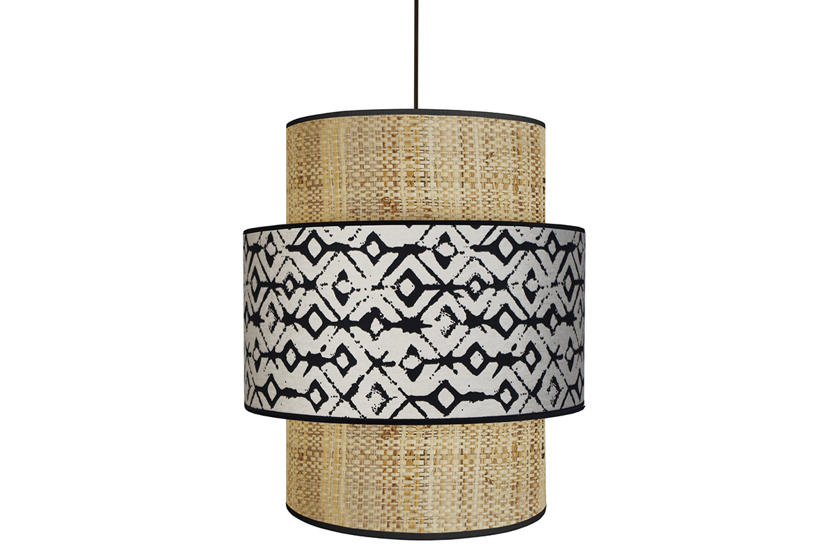 Suspension yute y tejido estampado negro y beige D40 cm ZAZA