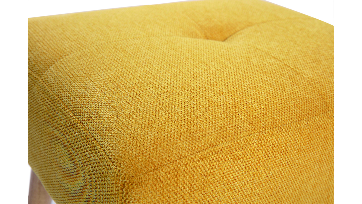 Taburete bajo de tela efecto aterciopelado texturizado amarillo mostaza y madera clara maciza 46 cm GUESTA