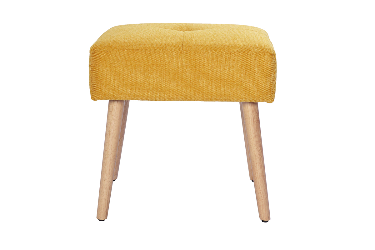 Taburete bajo de tela efecto aterciopelado texturizado amarillo mostaza y madera clara maciza 46 cm GUESTA