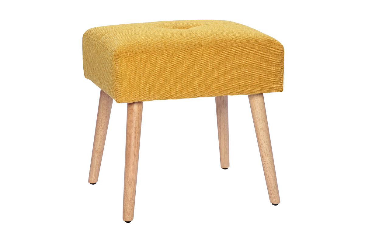 Taburete bajo de tela efecto aterciopelado texturizado amarillo mostaza y madera clara maciza 46 cm GUESTA