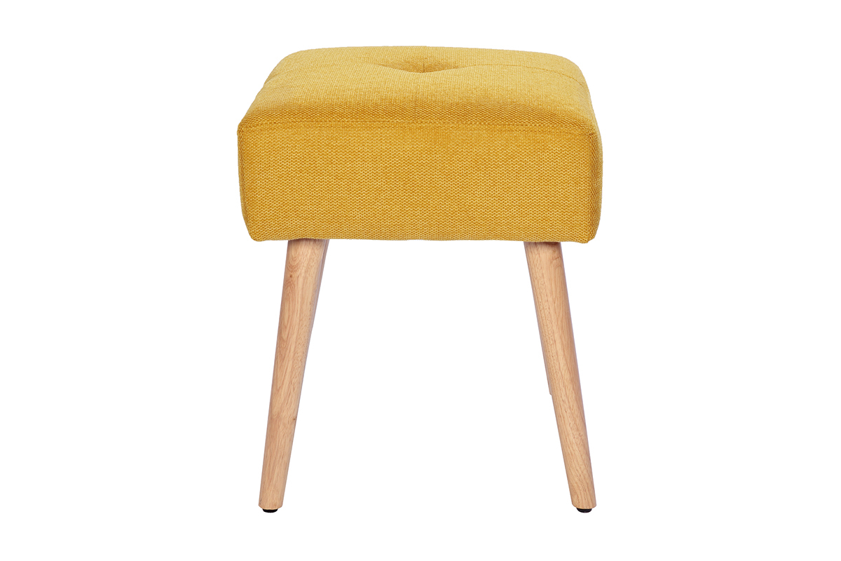 Taburete bajo de tela efecto aterciopelado texturizado amarillo mostaza y madera clara maciza 46 cm GUESTA