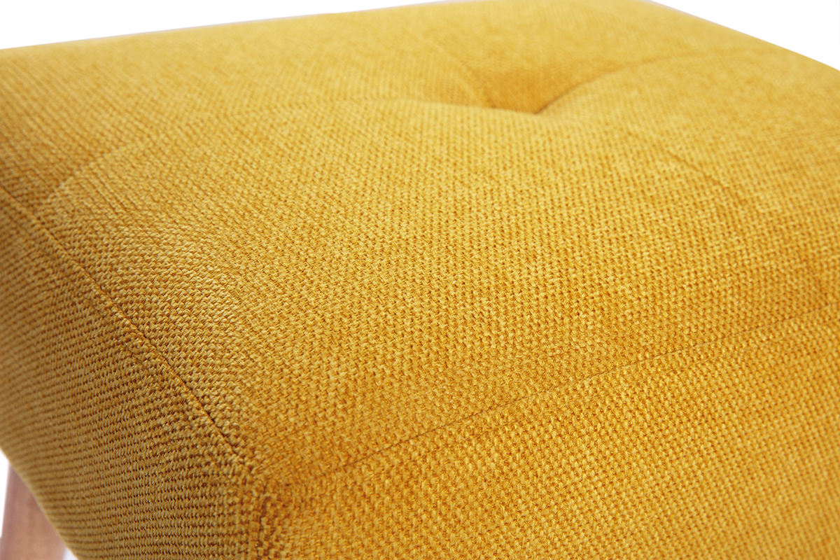 Taburete bajo de tela efecto aterciopelado texturizado amarillo mostaza y madera clara maciza 46 cm GUESTA