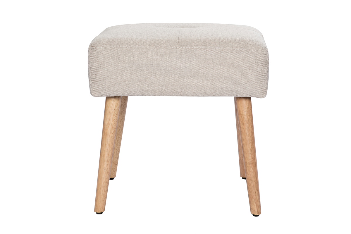 Taburete bajo de tela efecto aterciopelado texturizado beige y madera clara maciza 46 cm GUESTA