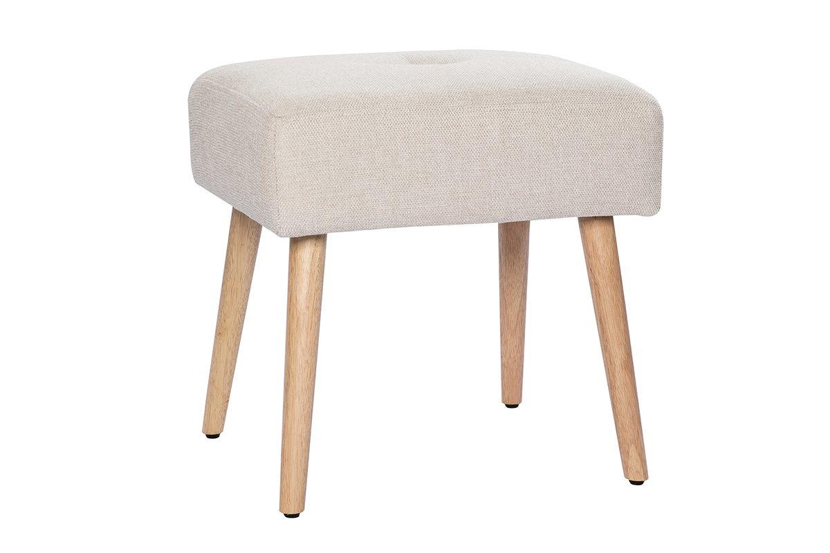 Taburete bajo de tela efecto aterciopelado texturizado beige y madera clara maciza 46 cm GUESTA