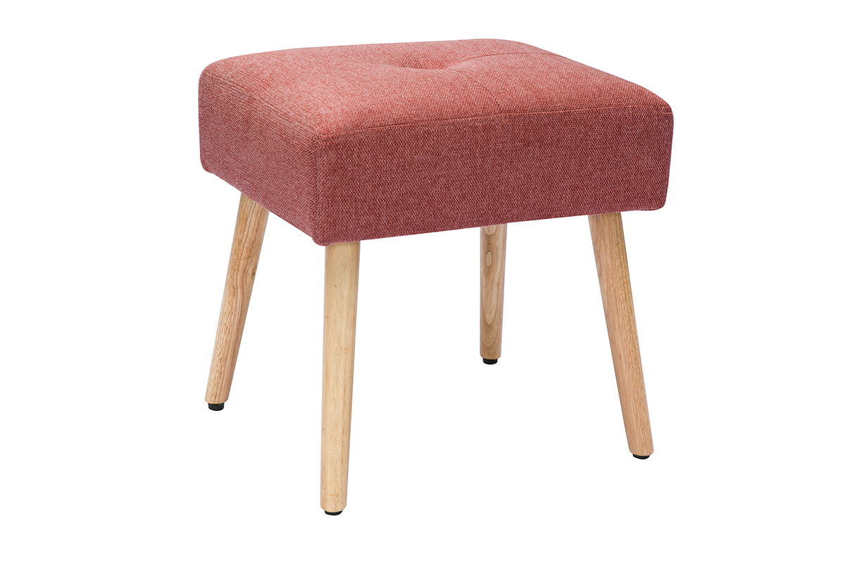 Taburete bajo de tela efecto aterciopelado texturizado terracota y madera clara maciza 46 cm GUESTA