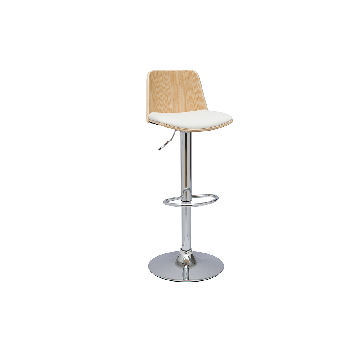 Taburete de bar ajustable en madera clara, poliuretano blanco y base cromada DOA