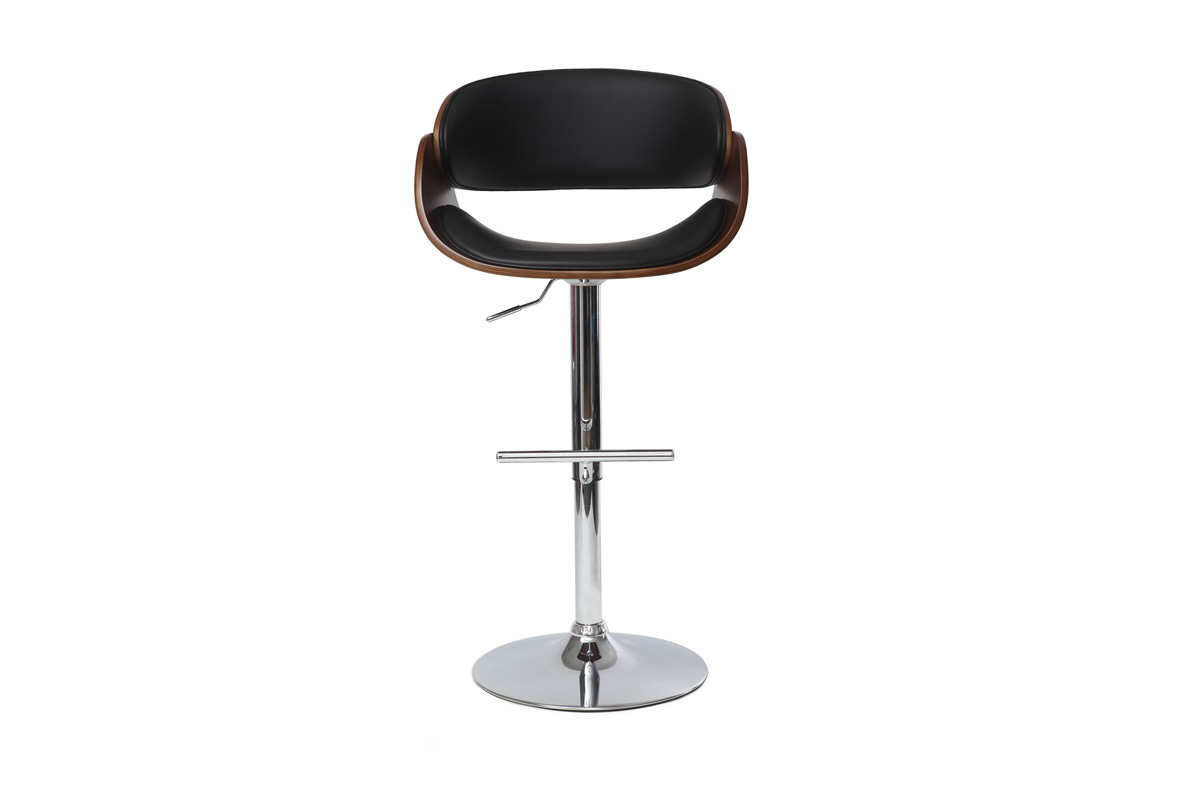 Taburete de bar de dise�o negro y madera oscura, vista frontal, ajustable en altura y giratorio 360�.