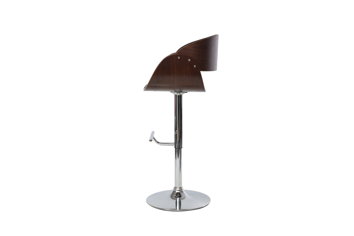 Taburete de bar de dise�o ajustable negro y madera oscura, vista de perfil, con estructura de metal cromado.