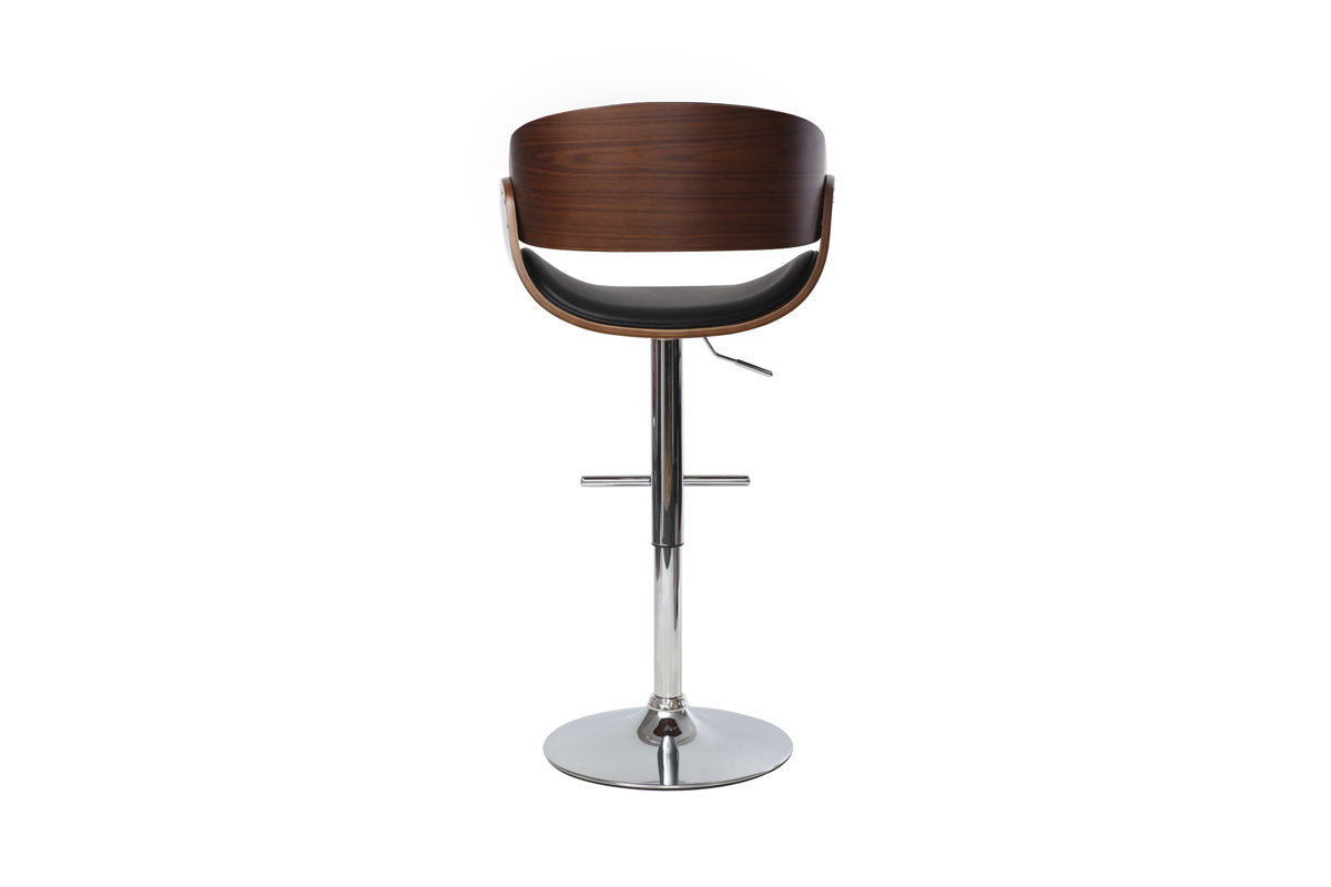 Taburete de bar ajustable negro y madera oscura BENT, vista trasera, con estructura de metal cromado.