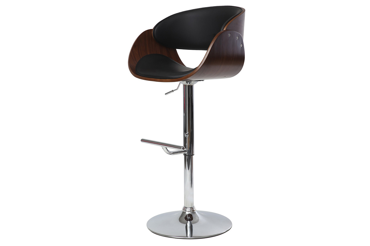 Taburete de bar de dise�o ajustable negro y madera oscura, vista de 3/4 con asiento de poliuretano.