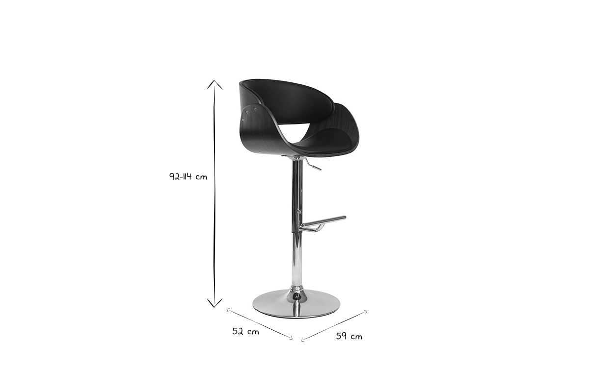 Dimensiones del taburete de bar BENT: 92-114 cm de altura, 52 cm de ancho, 59 cm de profundidad en negro y blanco.