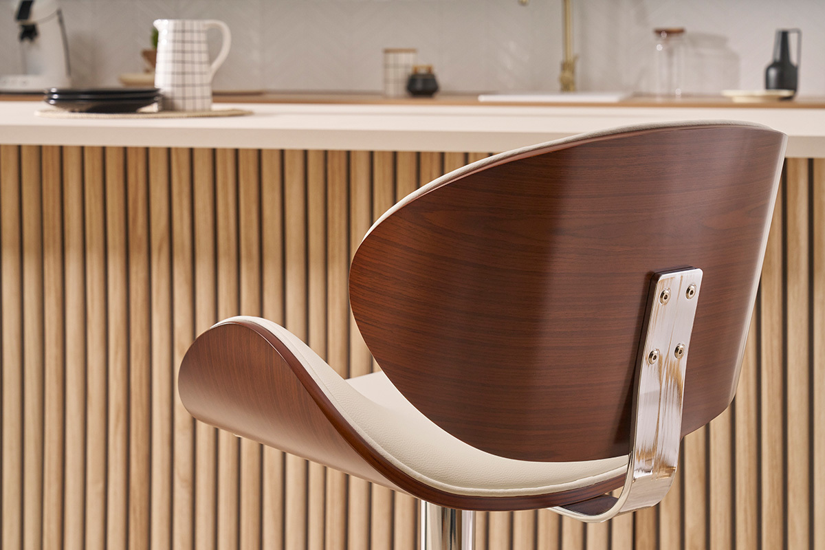 Taburete de bar de dise�o blanco y madera oscura WALNUT