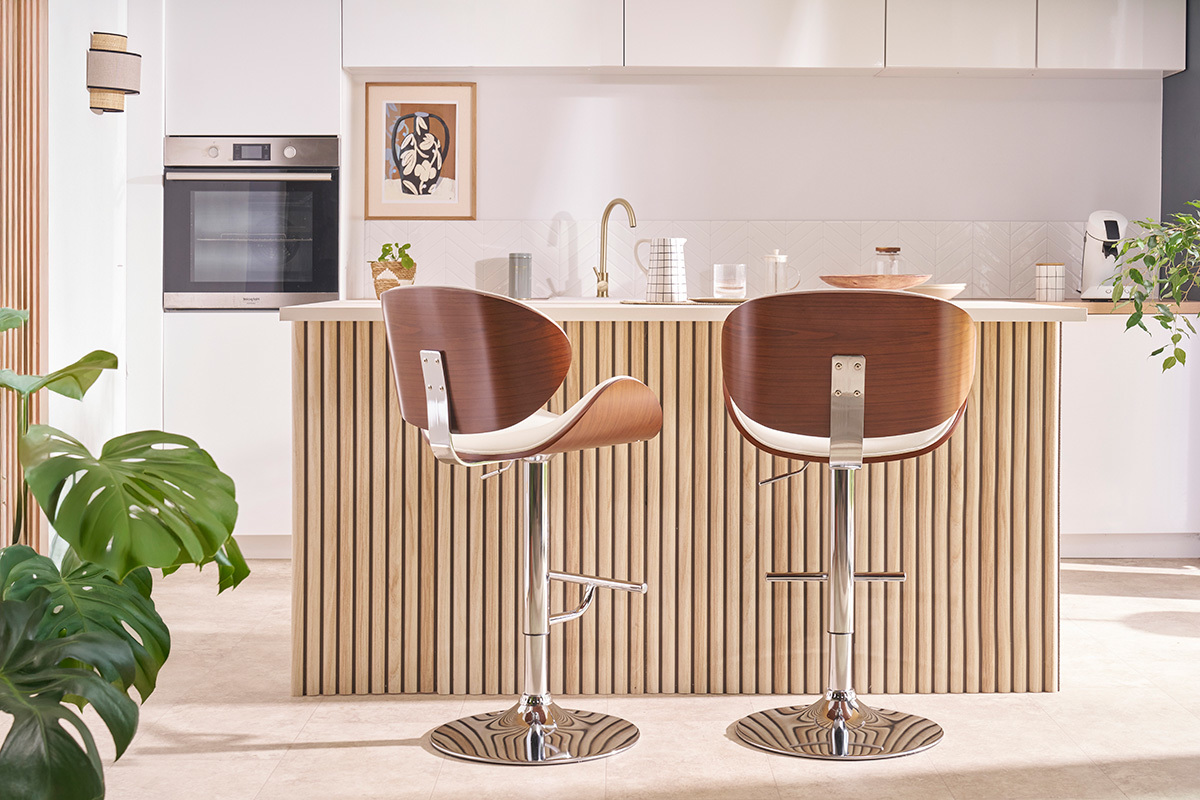 Taburete de bar de dise�o blanco y madera oscura WALNUT