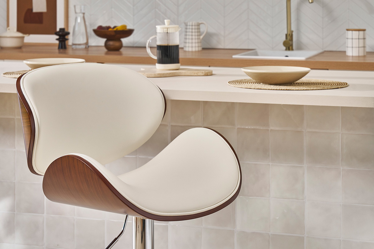 Taburete de bar de dise�o blanco y madera oscura WALNUT
