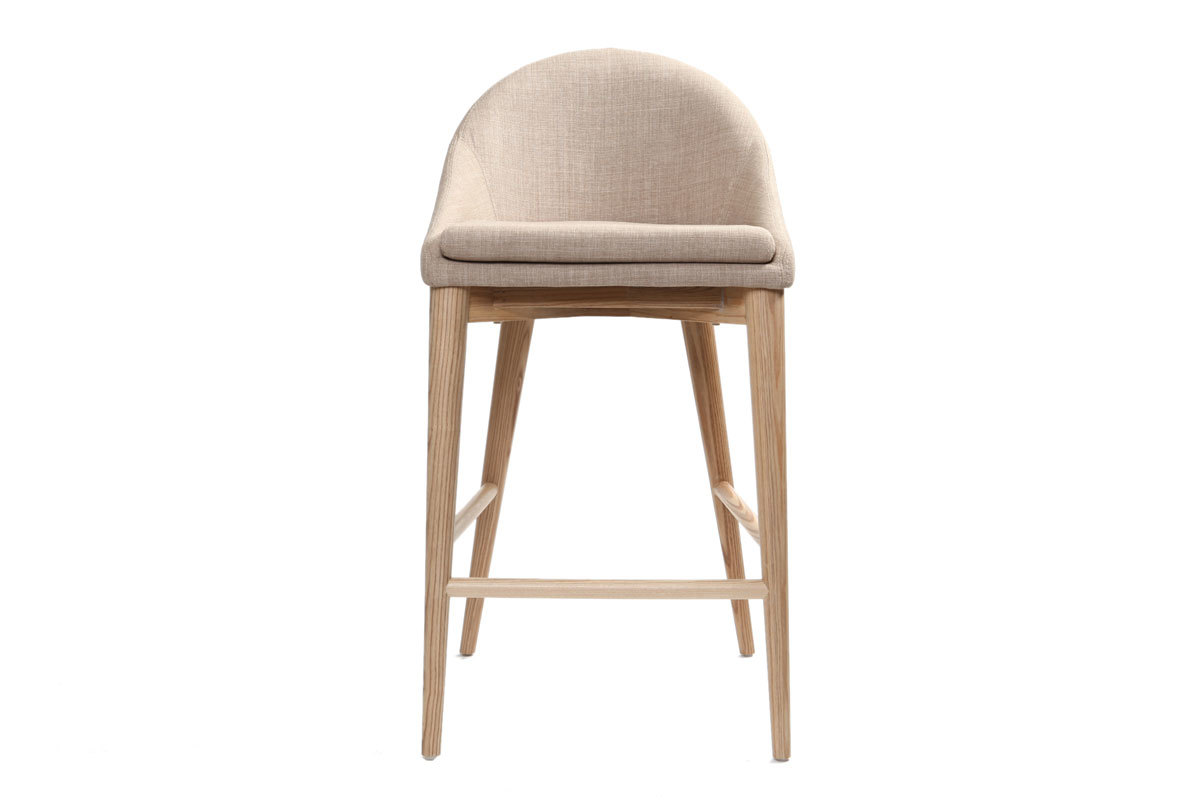 Taburete de bar de dise�o en tejido beige y madera clara H66.5 cm DALIA
