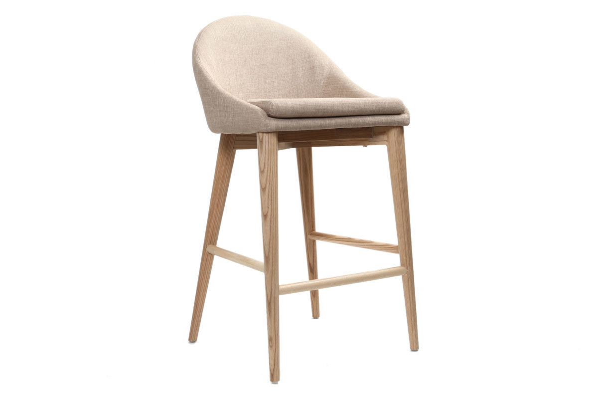 Taburete de bar de dise�o en tejido beige y madera clara H66.5 cm DALIA