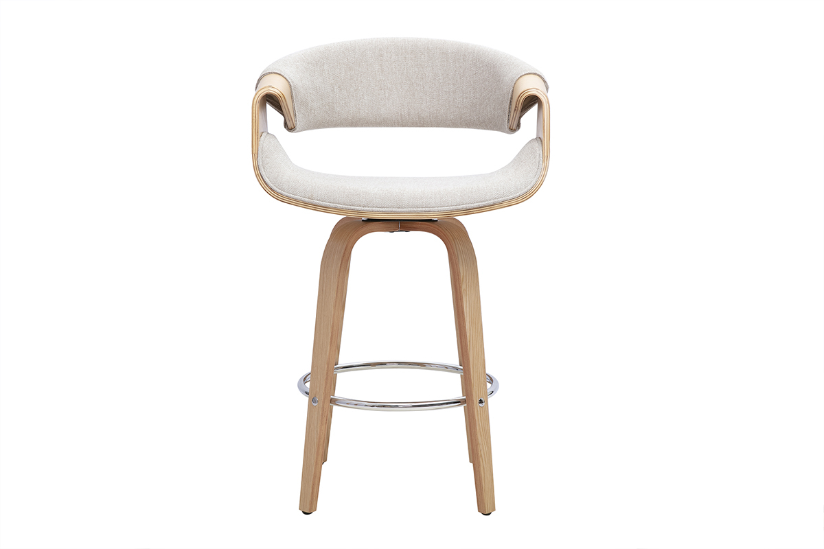 Taburete de bar ARAMIS beige, asiento giratorio, patas de madera clara y reposapi�s de acero cromado, vista frontal.